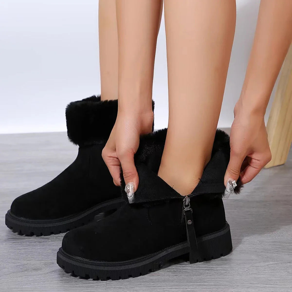 Cozy plush winter boots for women with side zipper, available in beige and black colors