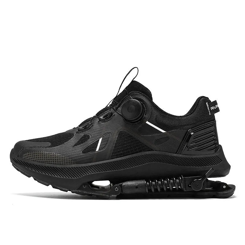 Black running shoes with mesh upper and buckle closure, showing leather stitching details and rubber EVA sole