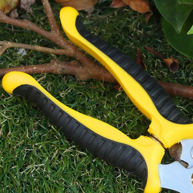 Garden trimming shears with 65 manganese steel blades, 55 mm opening, PP and TPR handles in black yellow or grey red