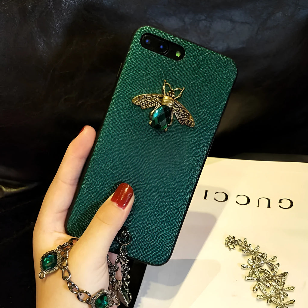Rhinestone bee phone case with gemstone bracelet in red, green, or silver grey for Apple iPhone models