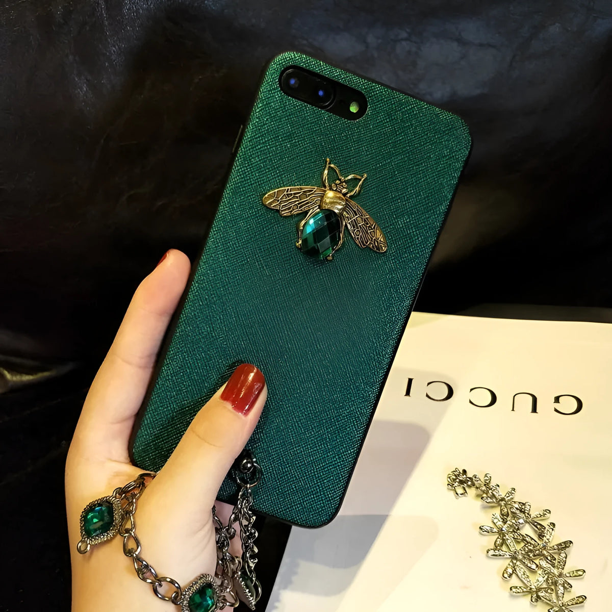 Rhinestone bee phone case with gemstone bracelet in red, green, or silver grey for Apple iPhone models