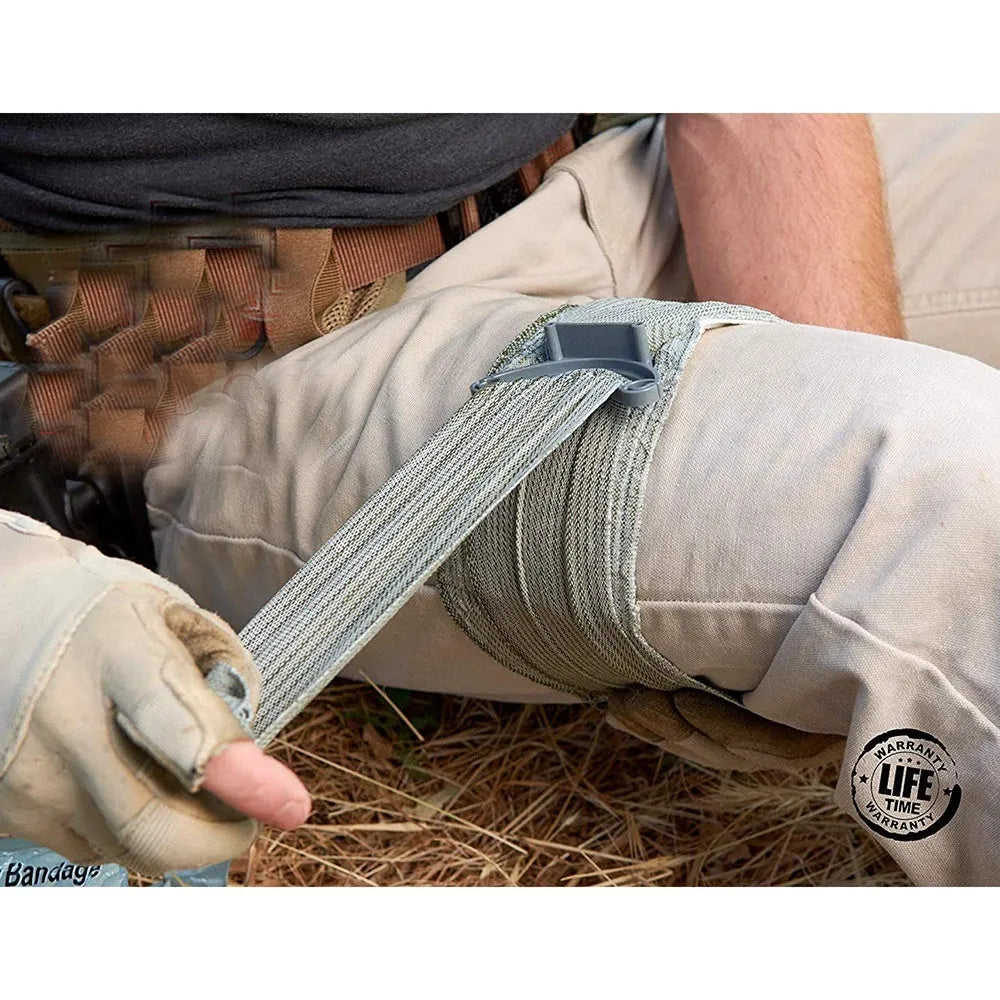 Portable hemostatic bandage kit with roll of tactical gauze tape for first aid and outdoor use.