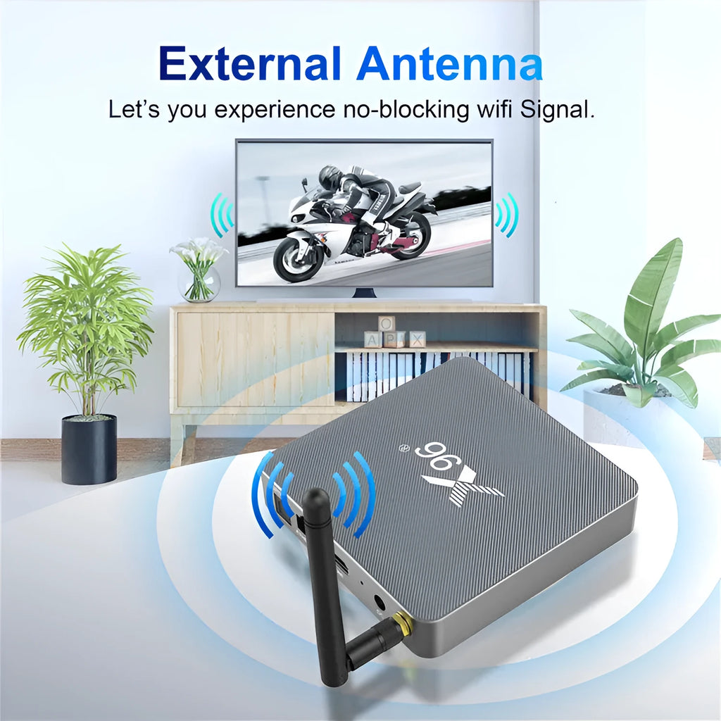 Android smart set-top box with remote control, HDMI cable, and power adapter on a table