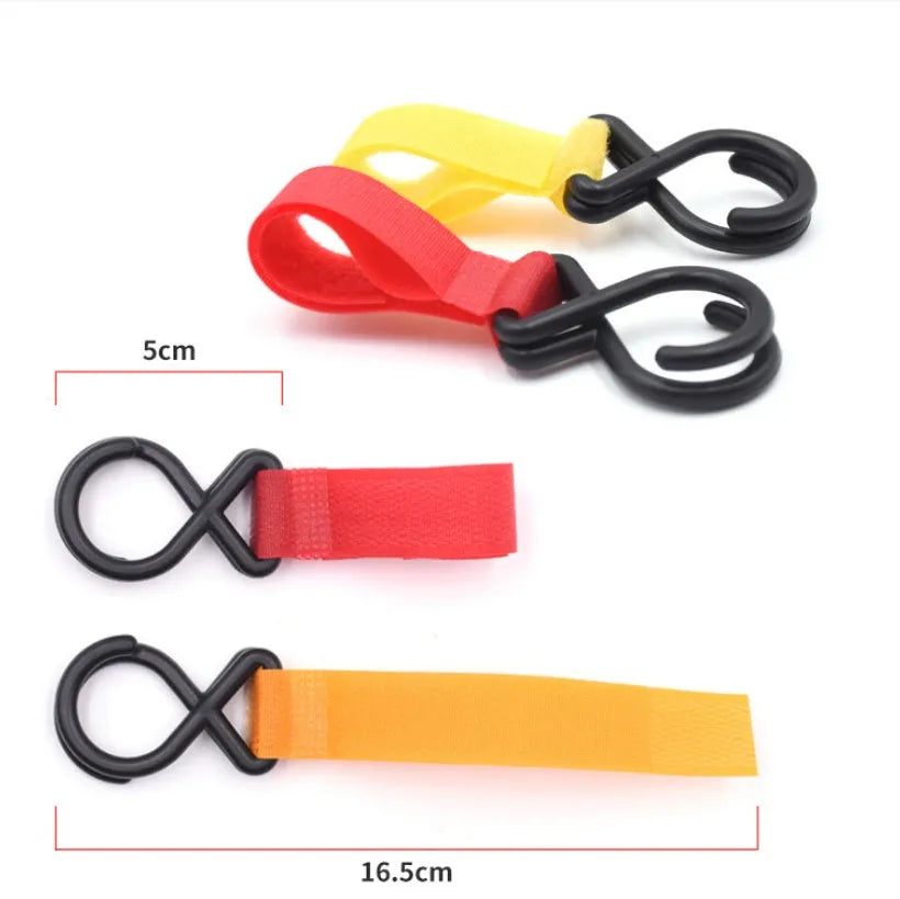 Nylon baby stroller hook, 3 x 17cm, 11g, with Velcro strap, shown in available colours