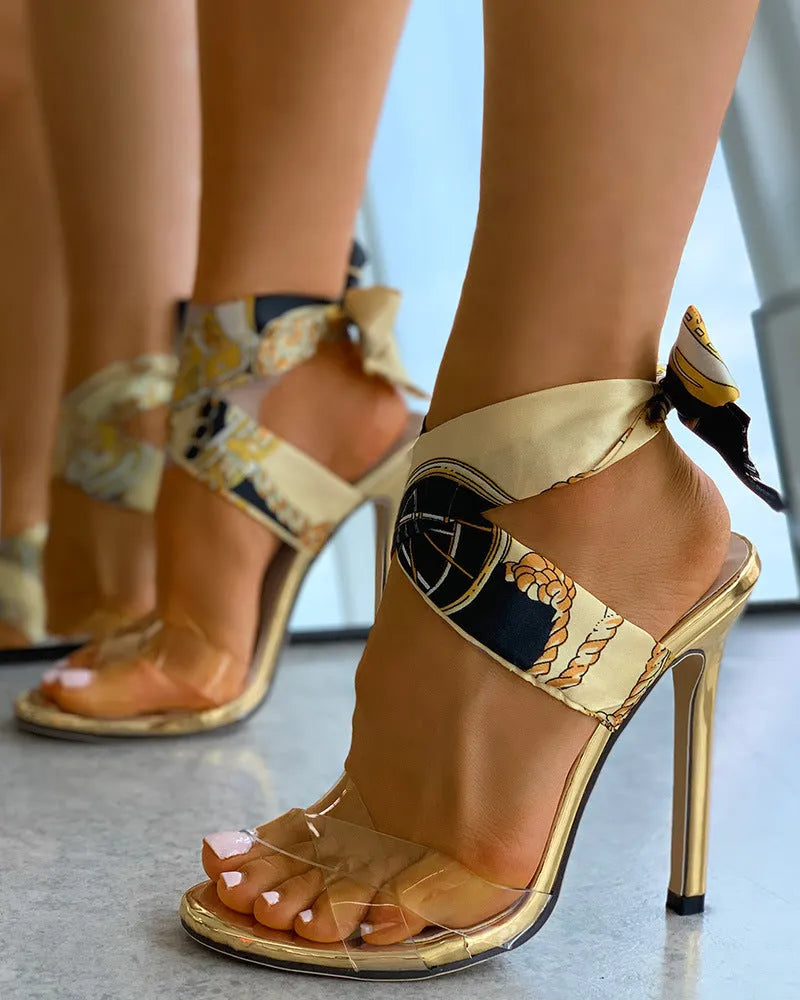 Gold women's high heels with leopard herringbone chain cross twine design and round toe in sizes 37-42