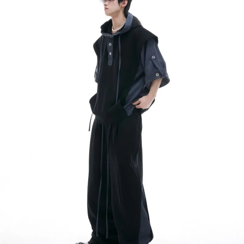 Men's heavy industry sports leisure suit with hooded short sleeve sweater and trousers in polyester fabric