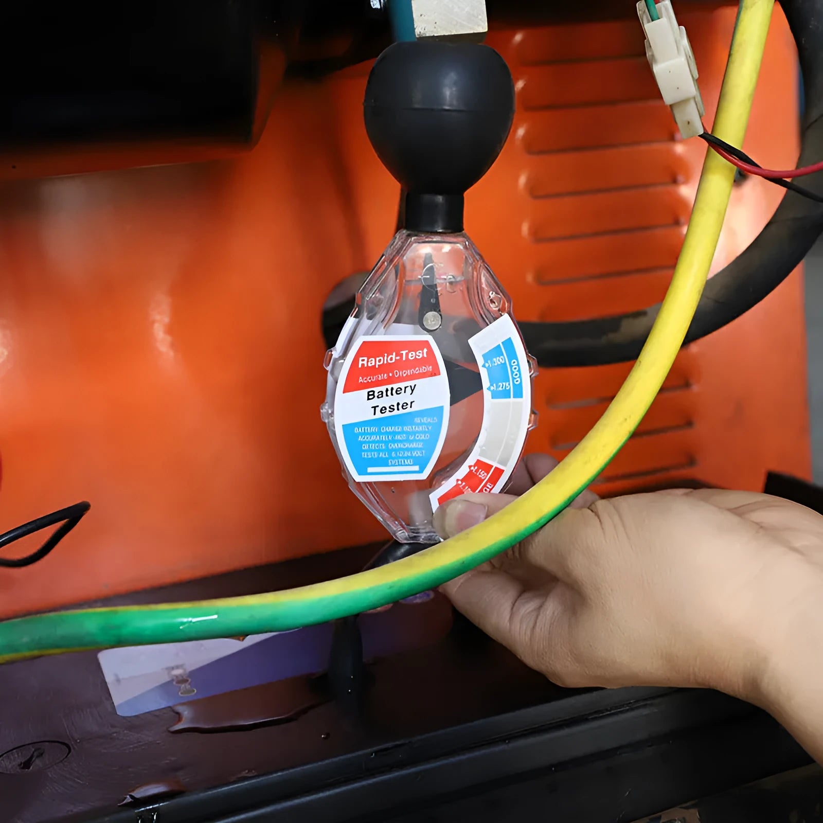 ABS plastic suction electrolyte hydrometer tool for lead-acid battery testing on a workbench.