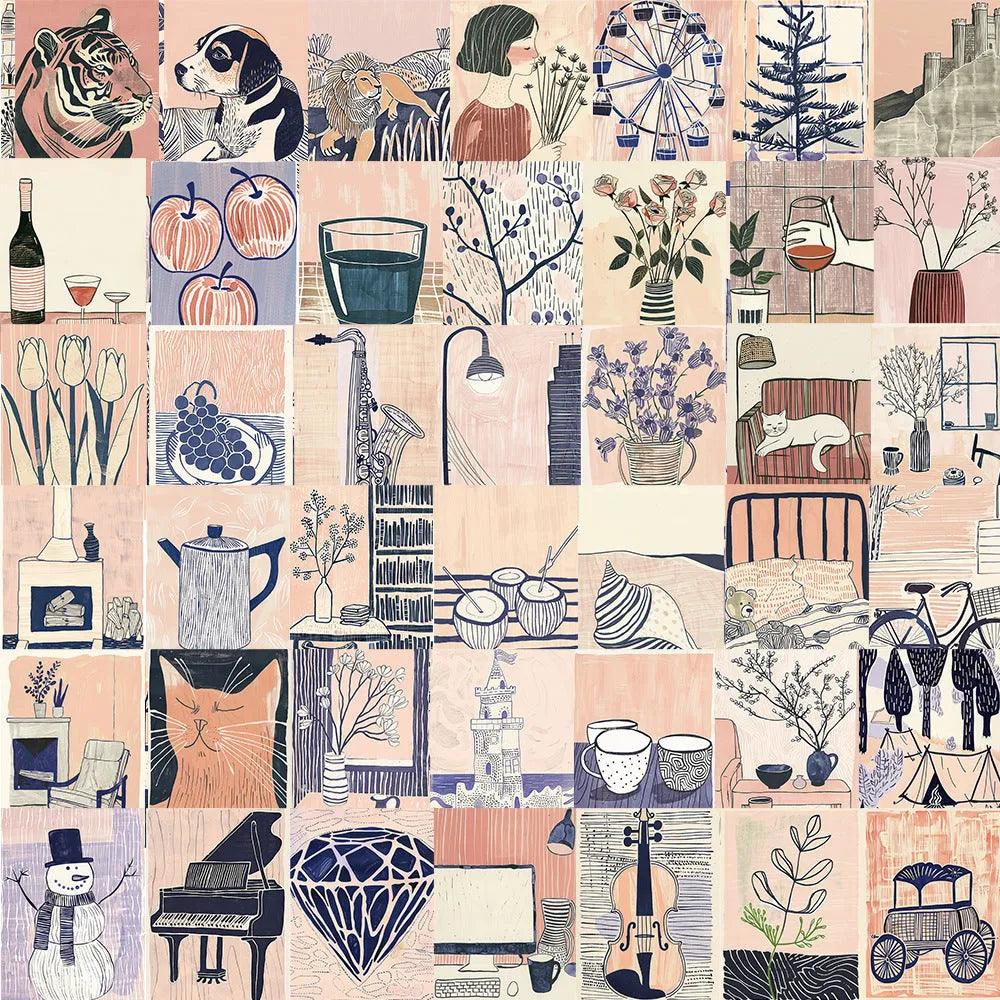 Abstract art sticker pack with 55 cartoon style printed stickers sized 4-6cm for home craft use