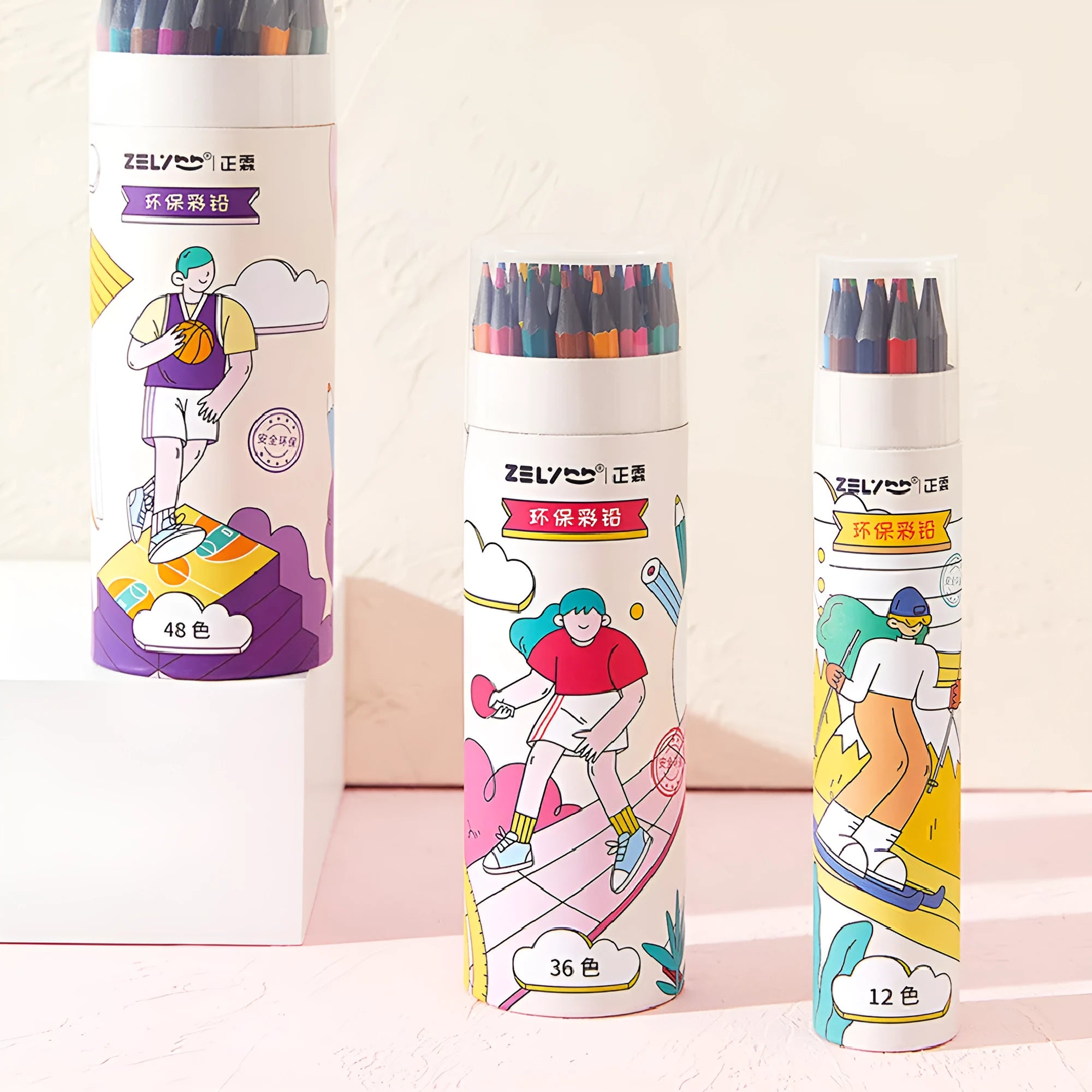 Zhenglin Sports Series coloured pencils in sets of 12, 18, 24, 36, and 48 colours with paper barrels.