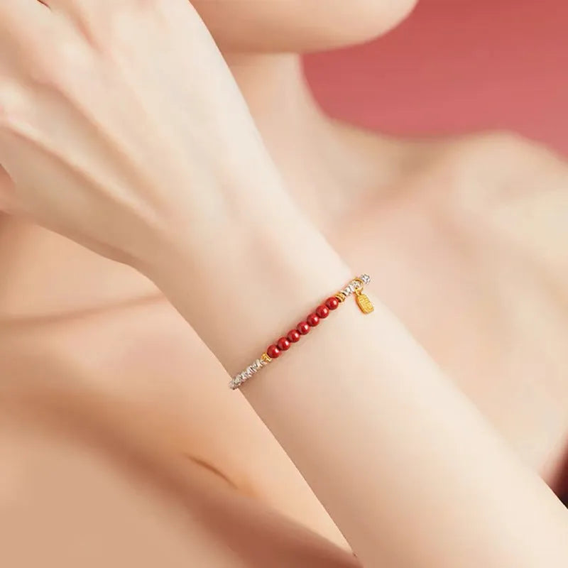 Silver couple bracelet with geometric round beads on copper with gold plating, 16cm length