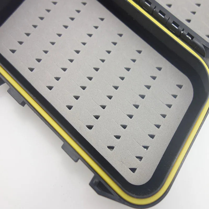 Black waterproof double-sided fly box with foam inserts and silicone sealing ring, 135x80x30mm