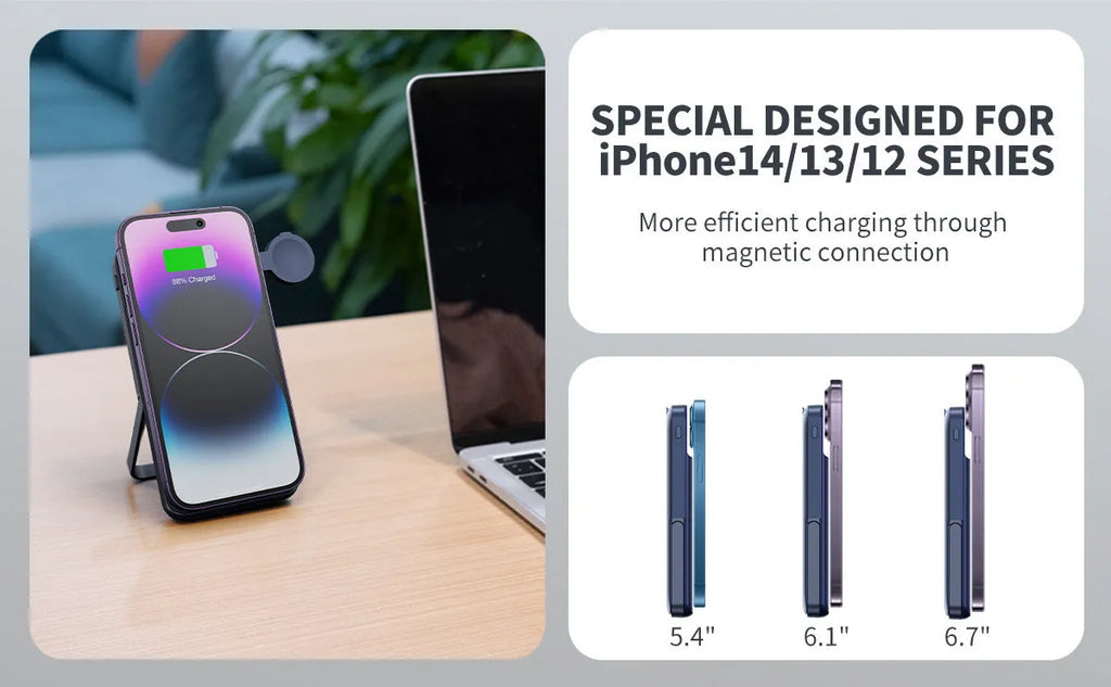 Black magnetic wireless power bank with bracket, 10000mAh capacity, industrial design