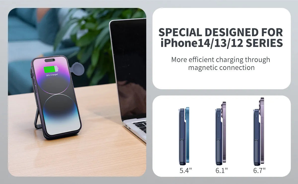 Black magnetic wireless power bank with bracket, 10000mAh capacity, industrial design