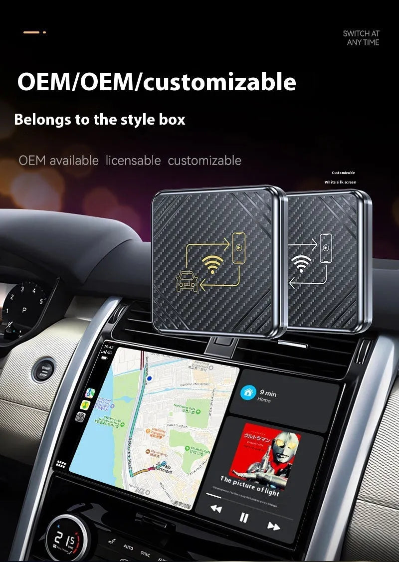 Wireless CarPlay and Android Auto adapter box in gold or white with USB connection