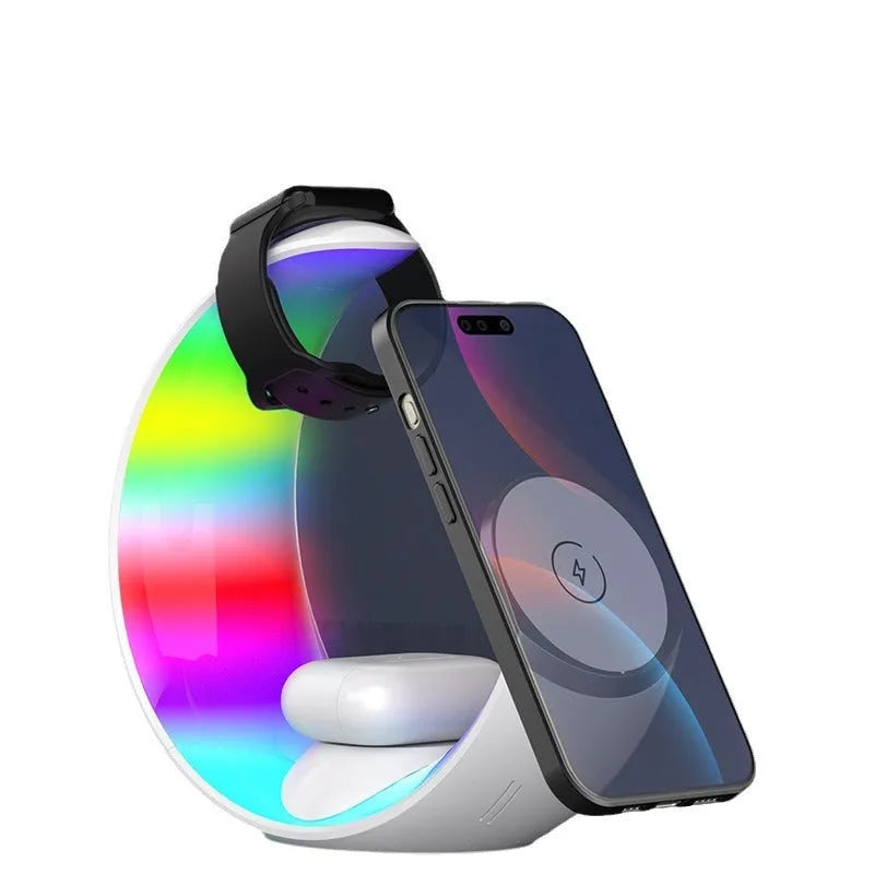 White wireless ambience light and charger with USB-C port for phones, watches and headsets