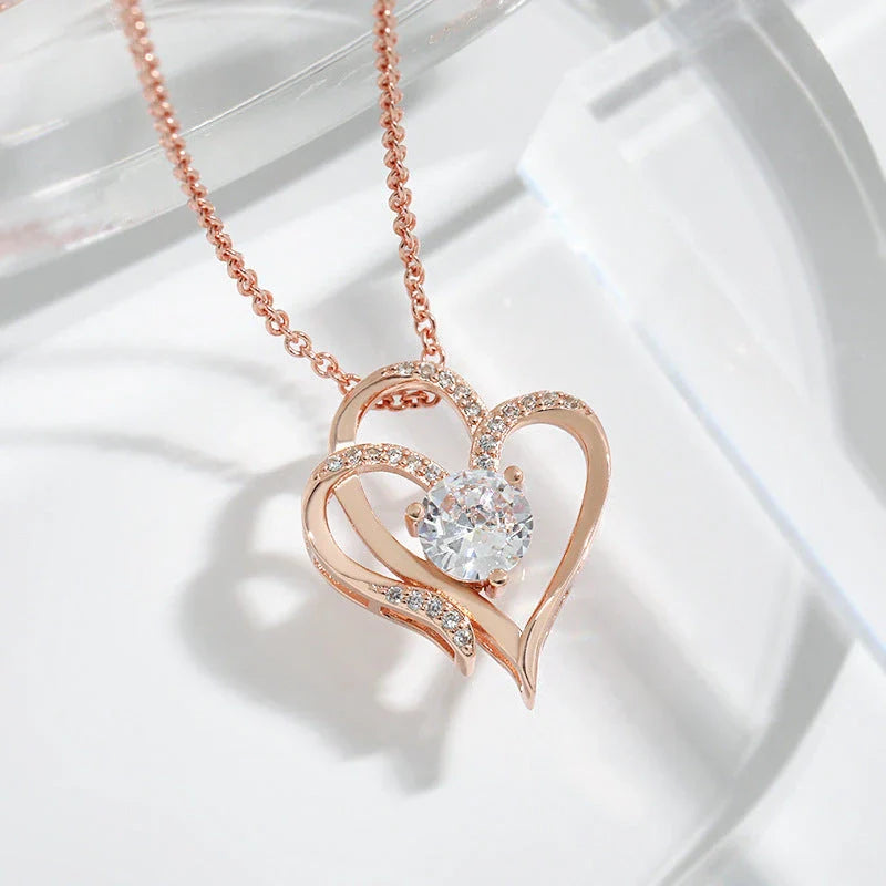 Personalized heart-shaped necklace with sparkling rhinestones, available in white gold or rose gold finishes