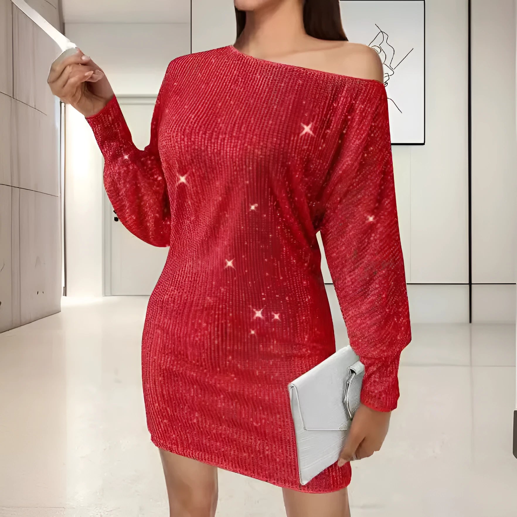 Sequin one-shoulder midi dress with asymmetric hem in solid champagne colour, A-line silhouette