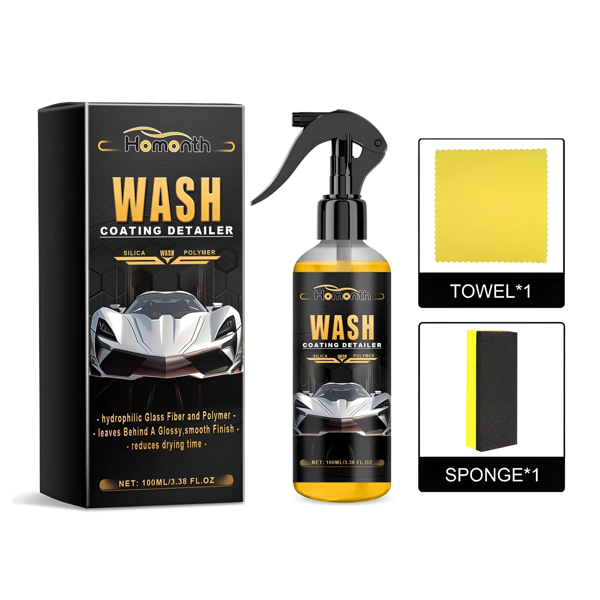 Wash coating detailer kit showing PET spray bottle, sponge applicator and microfiber cloth for vehicle cleaning