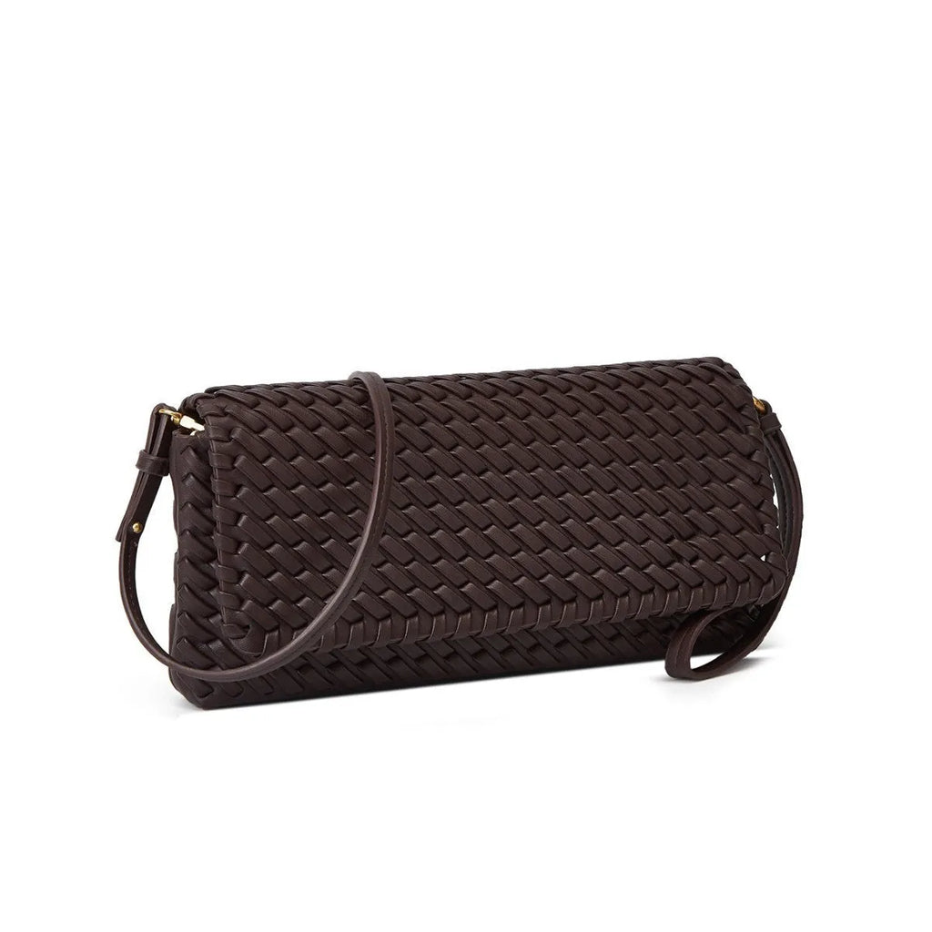 PU shoulder bag flap bag, horizontal square S size, single strap, weaving detail, black wine red milky white