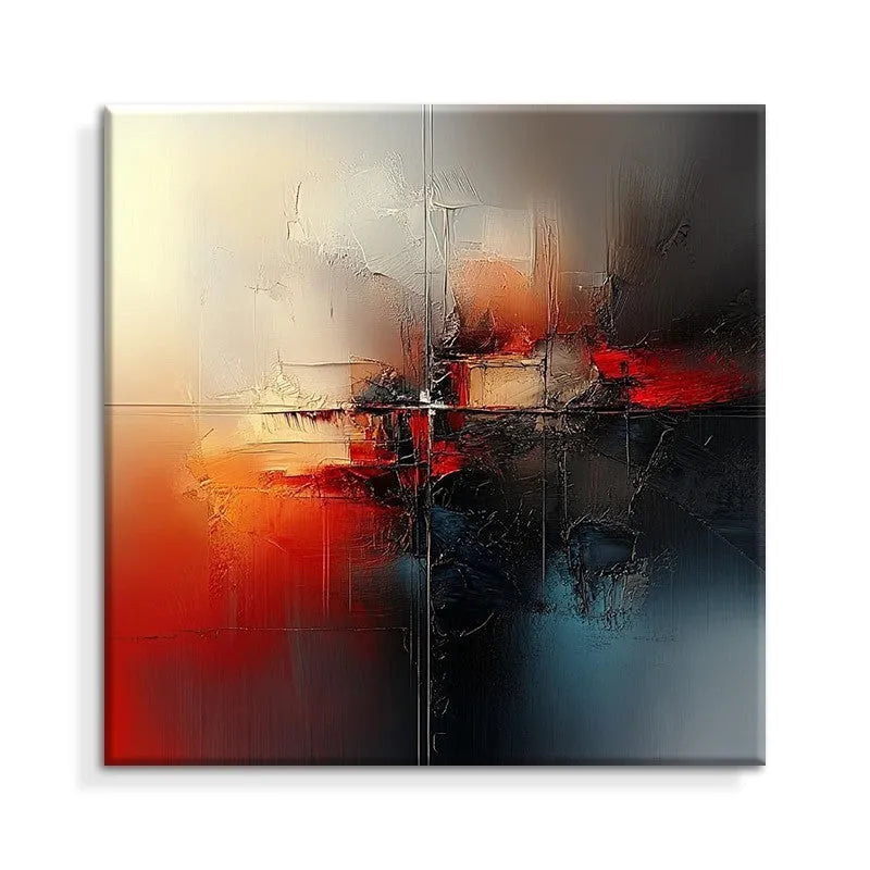 Handmade abstract red oil painting on canvas, square format, rolled frameless wall art