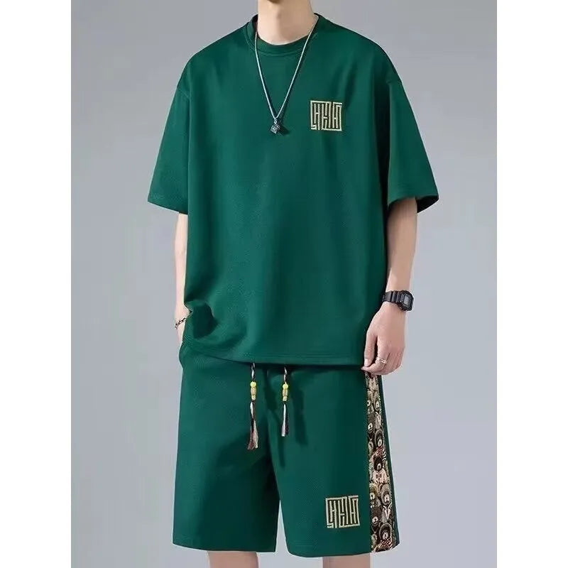 Waffle embroidery short sleeve two-piece set in apricot with matching shorts