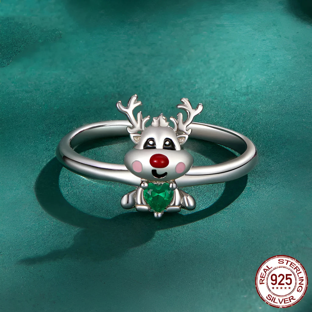 Christmas Reindeer Open Ring 925 Sterling Silver, Women, Adjustable US Size 8, Platinum Plating, Zircon
