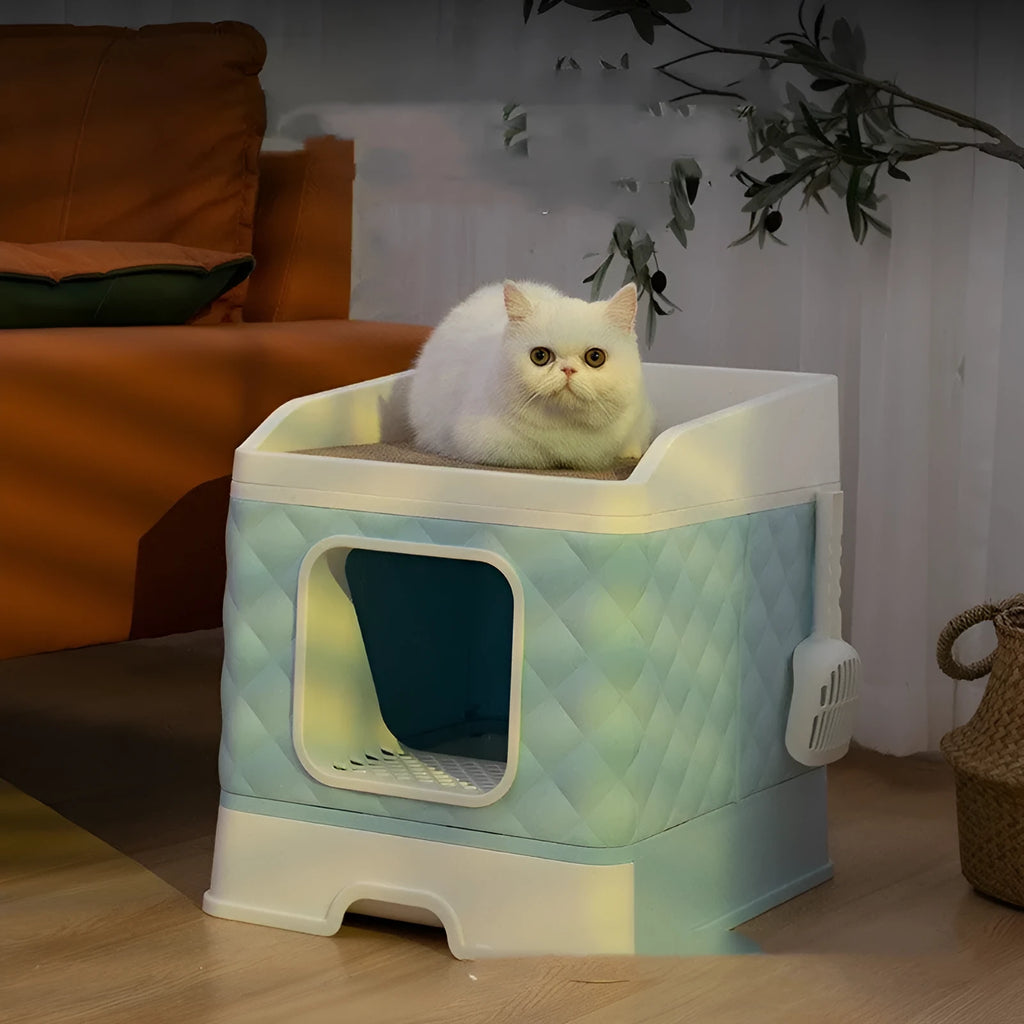 Pet cat nest with removable washable cover and cat scratching board in light blue