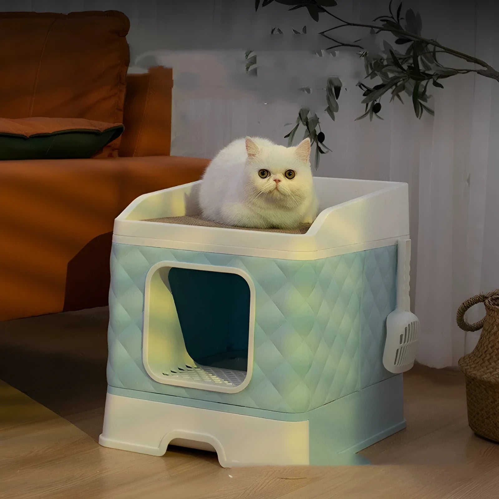Pet cat nest with removable washable cover and cat scratching board in light blue