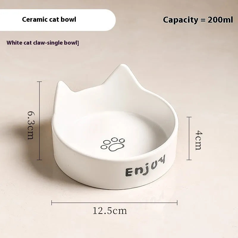 Porcelain cat bowl with cat ears rim and wooden anti-tumble frame in selected colour