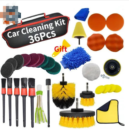 26-piece electric drill brush head set in red and blue for car cleaning on a black background
