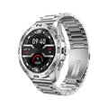 Smart watch with circular touch screen showing health metrics on adjustable silicone wristband