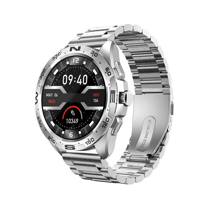Smart watch with circular touch screen showing health metrics on adjustable silicone wristband