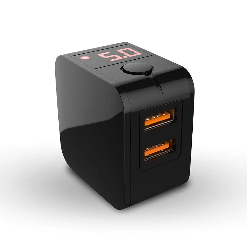5V2.4A dual USB travel charger with digital display in black, white, or red, showing US and EU plug options.