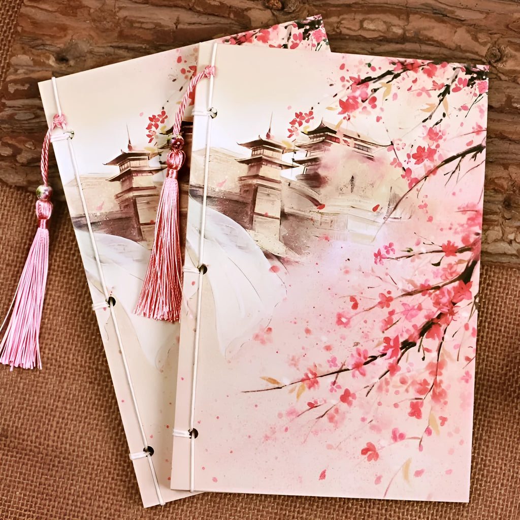 Azalea-coloured Chinese style notebook with thread binding showing watercolour retro cover