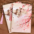 Azalea-coloured Chinese style notebook with thread binding showing watercolour retro cover