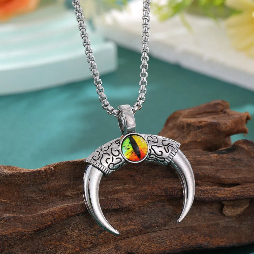 Mighty Bull Horn Devil's Eye Alloy Clavicle Chain necklace, metal pendant on display