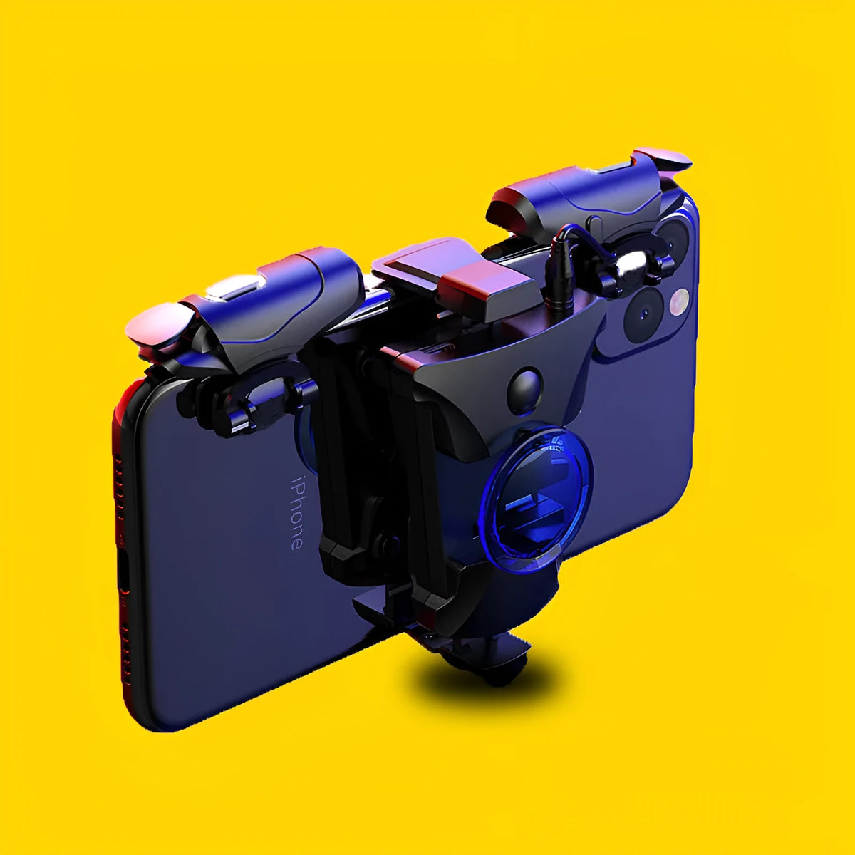 Blue and red mobile gamepad joystick button shooter controller in ABS and metal, 38mm x 32mm x 12mm