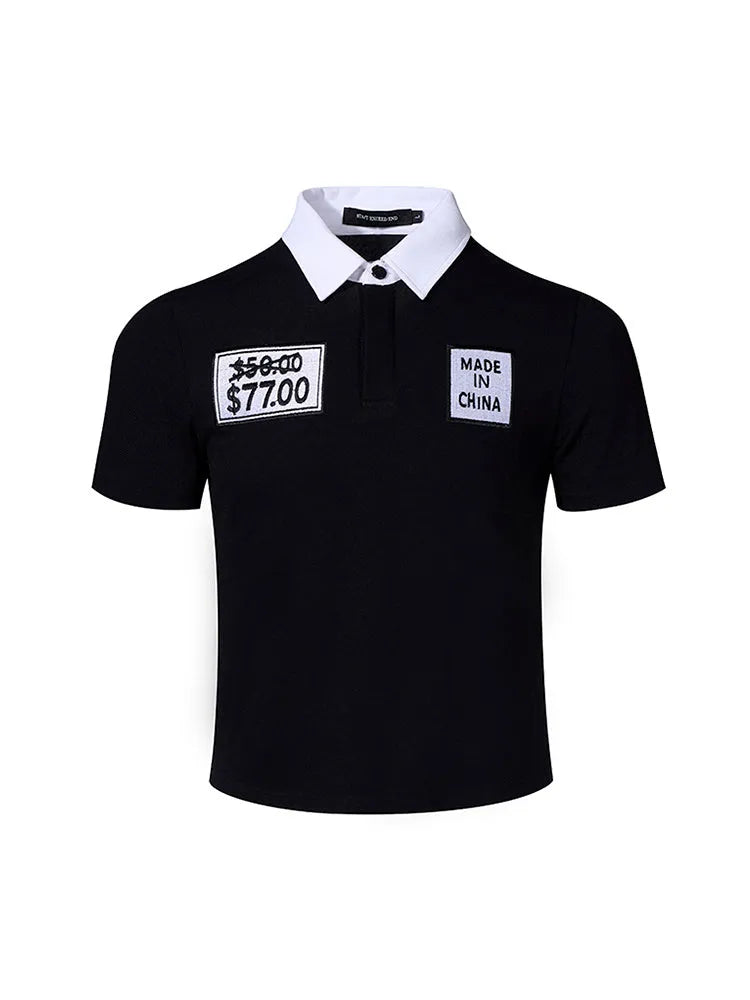 Black slim fit men's t-shirt with polo collar and embroidery detailing on short sleeves