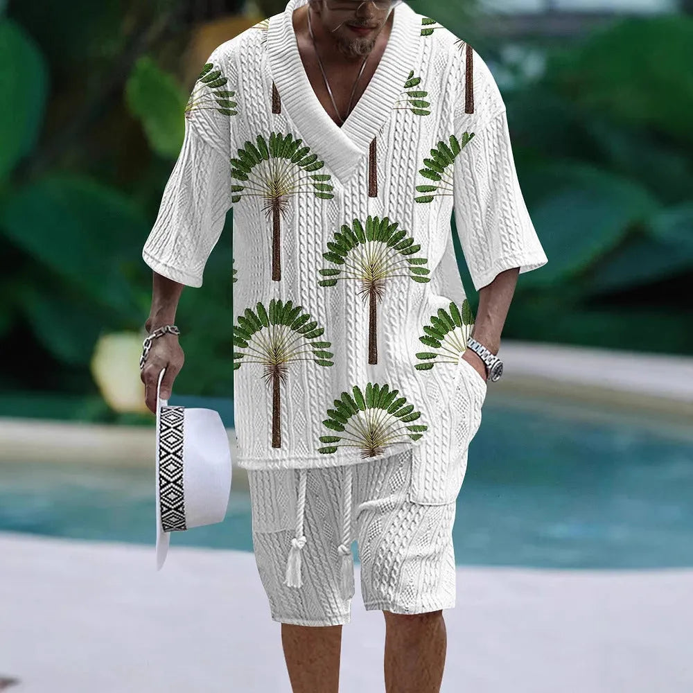 Loose casual short sleeve suit in polyester fabric with coordinating top and shorts