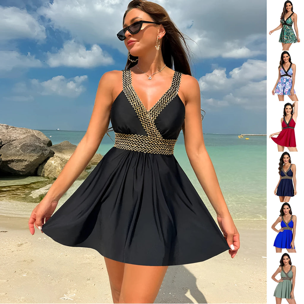 Women's v-neck swimsuit dress in a solid colour, made from nylon and spandex fabric.
