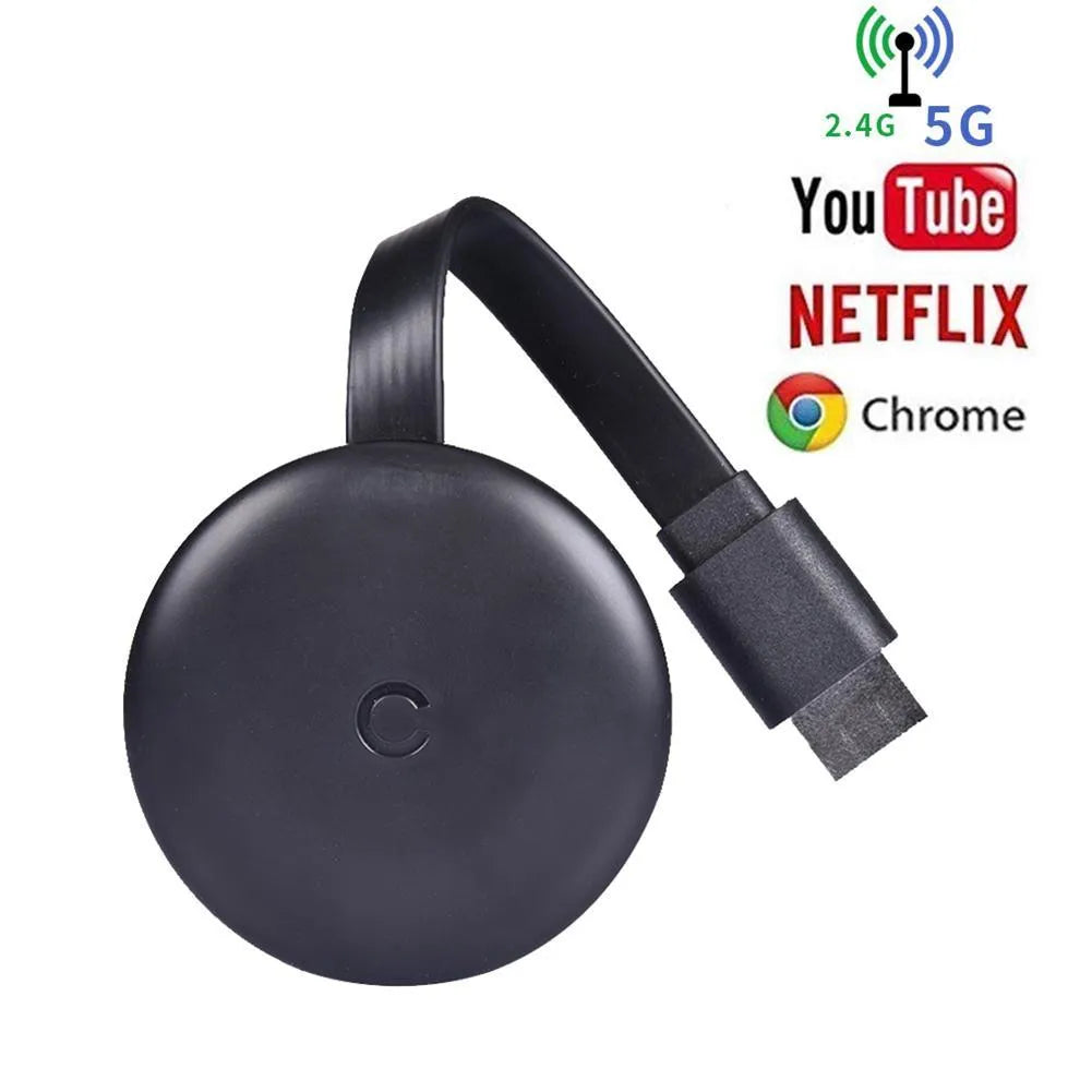Compact black wireless display adapter for Apple devices, 4K resolution with AirPlay and Miracast support, made of ABS plastic