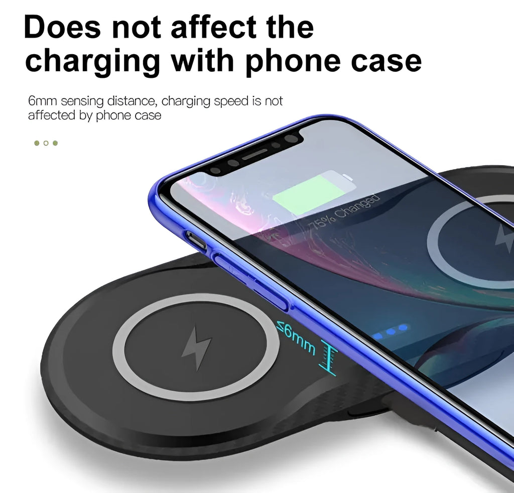Black and white dual wireless charger charging two smartphones simultaneously on anti-slip silicone base