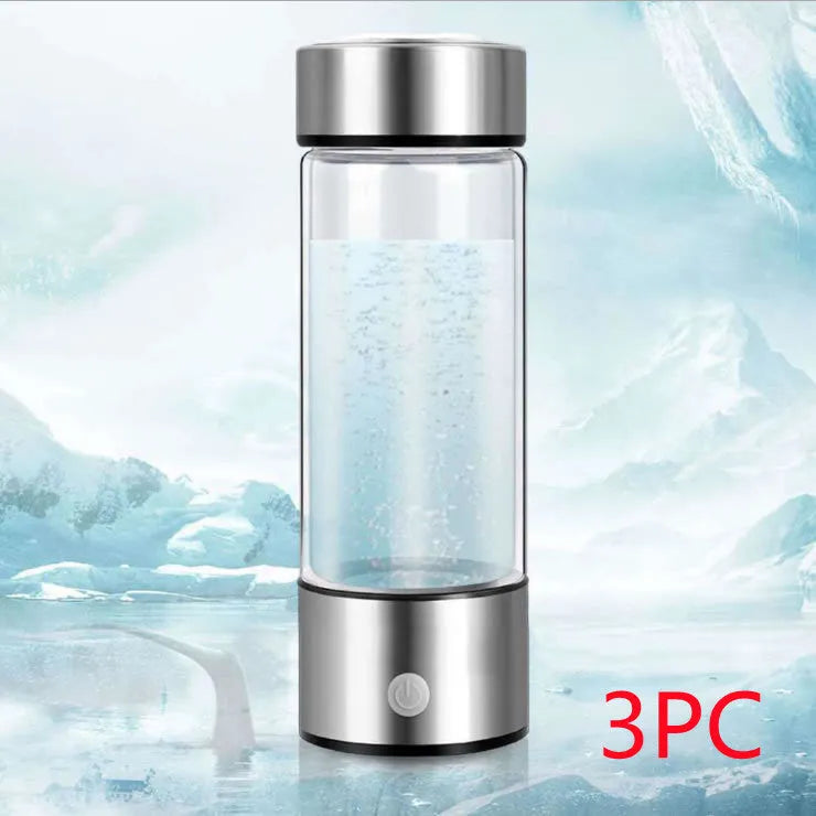 Portable hydrogen water bottle made from high borosilicate glass and 304 stainless steel, with silver finish
