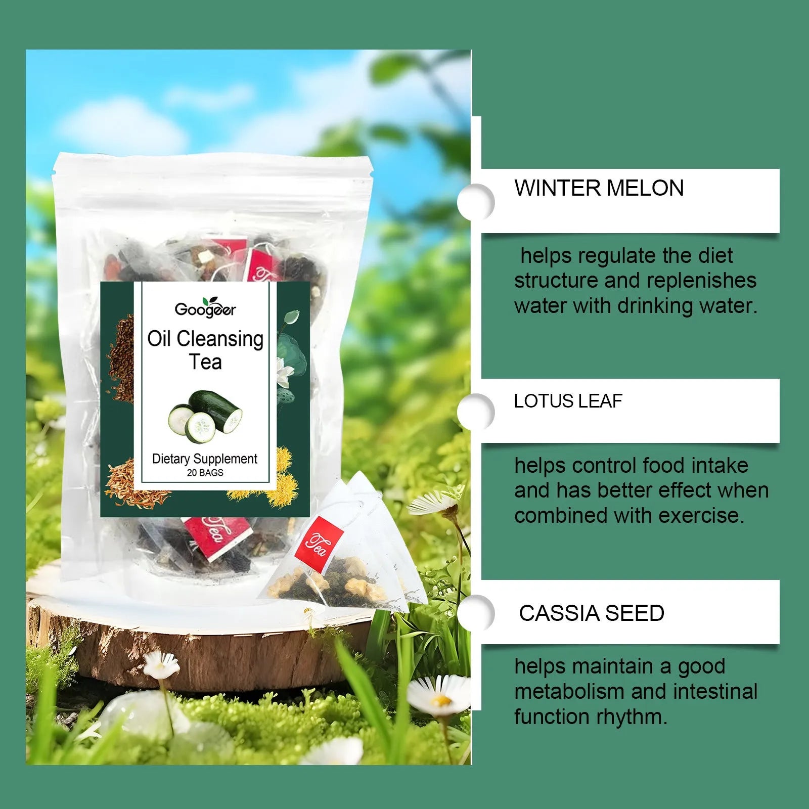 Googeer Oil Cleansing Tea body treatment pack containing 20 herbal tea bags.