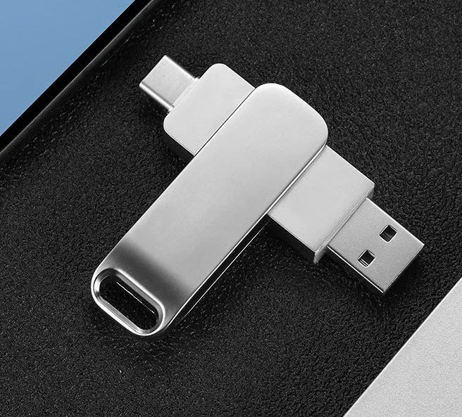Rotating metal USB flash drive with dual USB-C connector in silver or black finish