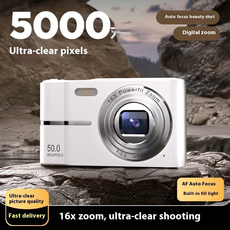 Compact student mini digital camera in black, green, pink, or white with lanyard.