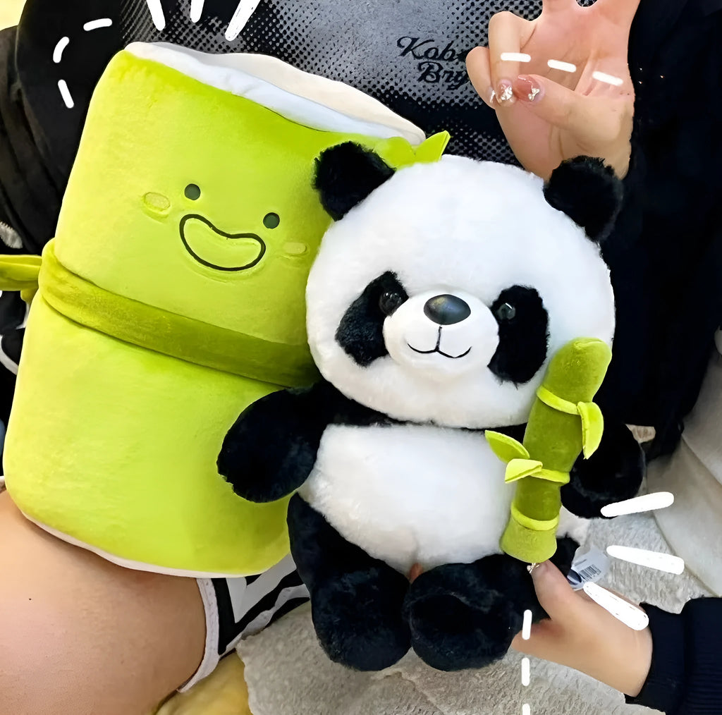 Plush panda pillow holding bamboo stalk, 25cm tall with PP cotton filling