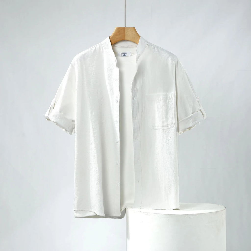 Men's loose fit short-sleeved linen blend shirt in a solid colour with a stand collar