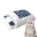Grey covered cat sleeping bag bed with pillow, shown in medium size on a wooden floor.