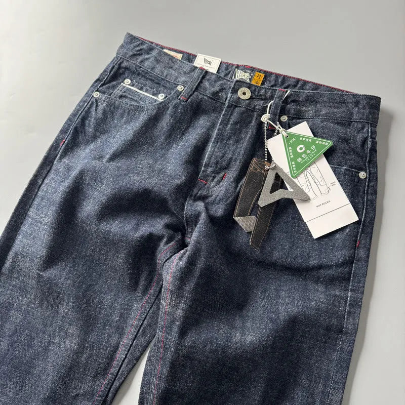 Men's straight leg trousers in cotton denim with American retro styling and mid-rise waist